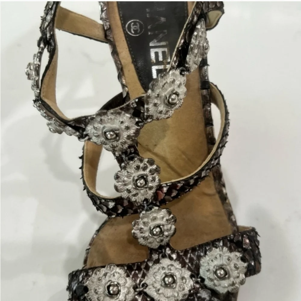 Chanel Camelia Python Leather Wedge Sandals Size 39